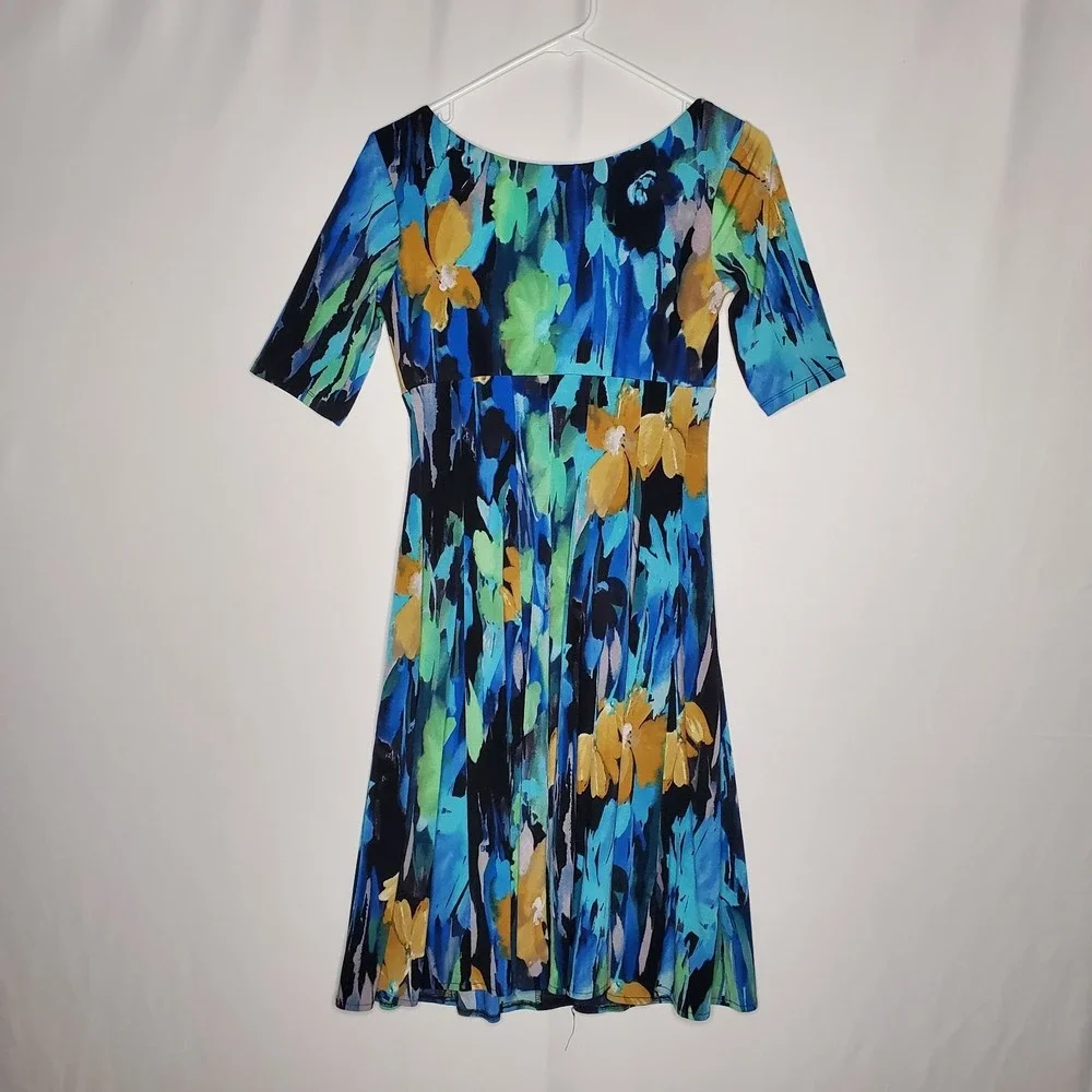 London Style Vtg Empire‎ Dress 4 Blue Artsy Watercolor Mermaid Forest Fairy Y2K